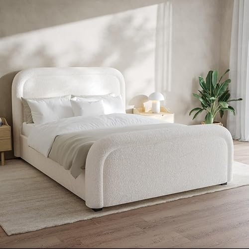 Luvon Naomi Ottoman Storage Bed with Curved Headboard in Mink Velvet or White Boucle Mattress Option Available Double and King Size (White Boucle, King (U.K. Standard))