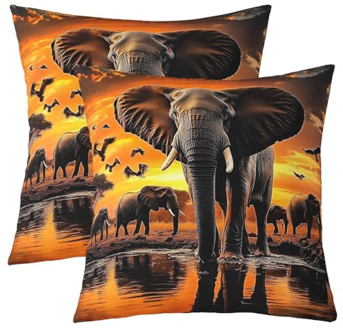 Homewish Kissenbezüge Set von 2 50x50cm Elefant Tier Kissenbezug Afrikanische Elefanten Drucken Kissenabdeckungen werfen Wilde Safari Thema Dekorative Kissenbezüge Ästhetische Naturlandschaft