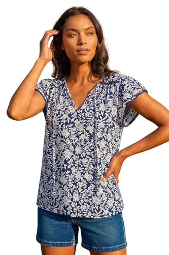 Roman Originals Floral Print Frill Sleeve Tie Top for Women UK - Ladies Everyday Holiday Spring Summer Round Neckline Comfy Soft Evening Vacation Work Party - Navy - Size 18