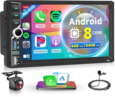 8 Core 4G+64G Wireless Carplay Android Autoradio 2 Din con Wireless Android Auto GPS Navi WiFi 7 Pollici Touchscreen Autoradio con Mirror Link Bluetooth FM/RDS Radio DSP/SWC/USB Telecamera Posteriore