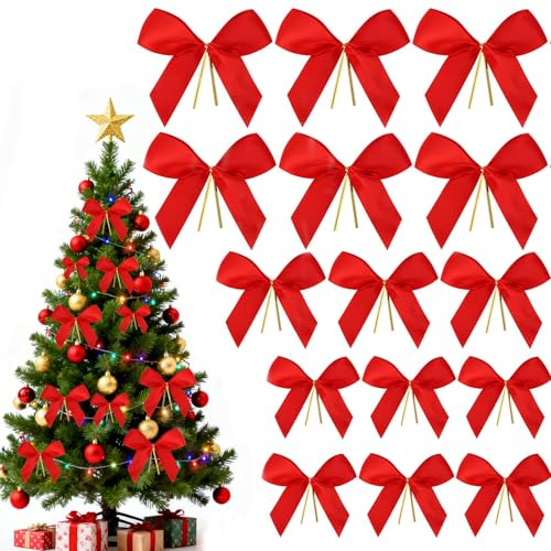 Zaewry 36 Stück Weihnachtsbogen Rot Ribbon Bow, Rot Weihnachtsbaum Schleifen mit Goldenen Krawatten, Weihnachtsbaum Schleifen Rot, Weihnachtsschleifen Deko für Weihnachtsbaum Weihnachtskranz