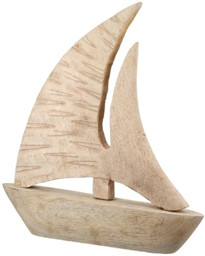 GILDE Dekoobjekt Nessaja Boot aus Mangoholz - naturfarben - geritzte Oberfläche - Höhe 41cm x Breite 40cm - Segelboot