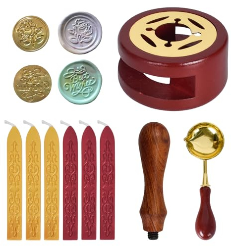 Personalisiert Wachssiegel Stempel Set, Siegellack Set mit 6 Siegelwachs, 2 Siegelstempel, 1 Schmelzlöffel, 1 Wachssiegelwärmer, Vielseitig&Kreativ Siegelwachs für Umschlag Einladungen Karten Geschenk