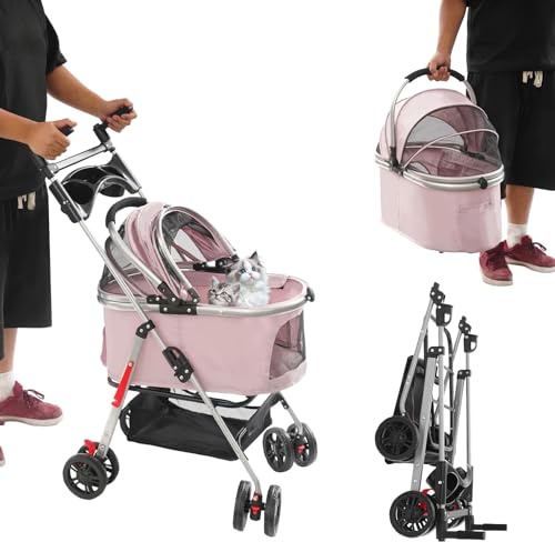 Hundewagen 2in1 Hundebuggy mit umkehrbarem Griff,Hundebox Transporttasche Faltbarer Katzenwagen,Bis 12kg,Haustiere Buggy mit Netzfenstern Ablagekorb,für kleine Hunde Katz (Rosa)