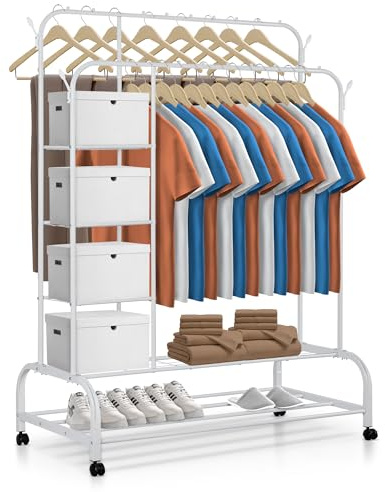 JUPPLIES Burro Ropa Resistente – Perchero Burro Doble con Soporte (Blanco, Con Ruedas y Estantes)