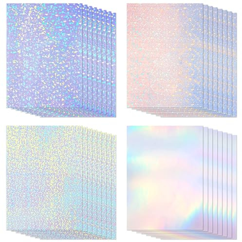 Staranry 32 Blatt Holografische Folie A4, Klare Hologrammfolie, 4 Motive | Selbstklebend Vinyl Holographische Aufkleber Papier, Transparent Glitzerfolie für Bastelarbeiten, DIY Dekoration