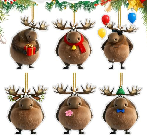 6er-Set Flache Elch Weihnachtsbaumschmuck 2D Acryl Christbaumschmuck Tier mit Aufhängebänd Baumschmuck Weihnachten Anhänger Lustige Designs Weihnachtsdeko für Fenster, Tür und Girlande