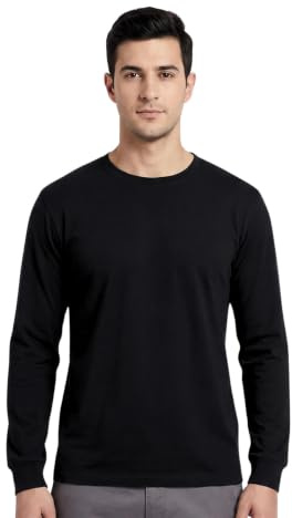 Mens Long Sleeve T-Shirt Top Cuffed Crew Neck Plain Jersey Tee Top Adults Casual Wear (Black, XL)
