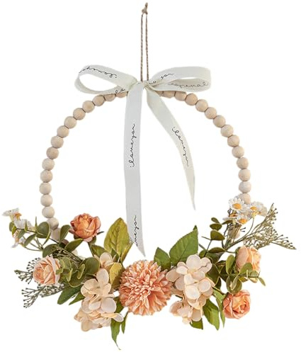Türkranz Kranz Deko, 37cm Türkranz Frühling Haustür, Frühlingskranz mit Künstliche Rose, Kamille Blumen und grünen Blättern, Holzperlen Willkommen Girlande Wandkranz Hängedeko für Hochzeit Wohnzimmer