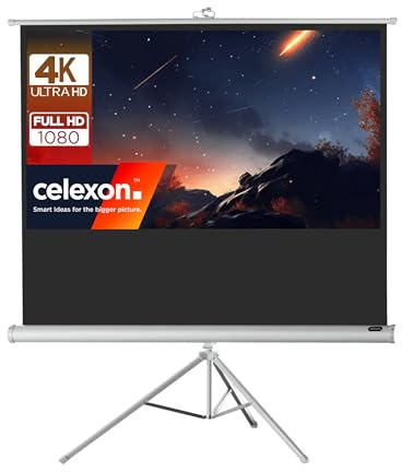 celexon Economy Stativ-Leinwand weiß 100 | 219x123 cm 16:9 | mobil transportable 4K, Full-HD Beamerleinwand mit Rollauszug für Heimkino, Büro & Outdoor | inkl. Standfuß + Tragegriff