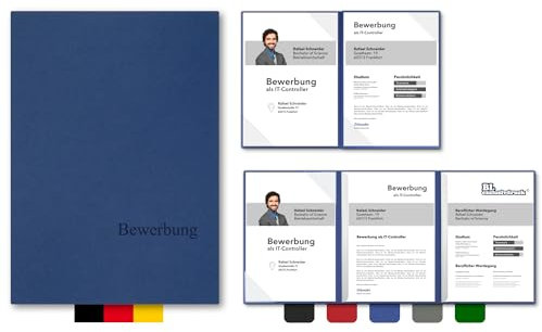 5 Stück 4-teilige Bewerbungsmappen BL-exclusivdruck® MEGA-plus in Königsblau - Premium-Qualität mit edler Relief-Prägung 'Bewerbung' - Produkt-Design von 'Mario Lemani'