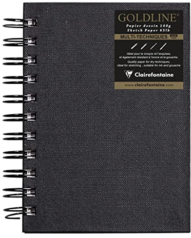 Clairefontaine 34258C - Spiralbuch / Kladde Goldline mit 32 Blatt Zeichenpapier 140g Weiß, DIN A6 10,5x14,8 cm, Hochformat, Hardcover mit Leinenoptik, Schwarz, 1 Stück