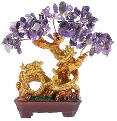 lachineuse - Arbre Dragon en Amethyste Mauve - Arbre Feng Shui 19 cm - Décoration Asiatique Dragon Japonais - Arbre de Fortune avec Dragon Doré - Déco Asiatique Pierres Précieuses - Objet Japon Zen