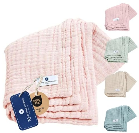 nordic coast company Musselin Decke Baby [80 x 80 cm] – Musselindecke | Krabbeldecke Neugeborene – 100% Baumwolle, 4-lagig, Spucktuch, Stilltuch – Baby Erstausstattung Neugeborene (Hellrosa)