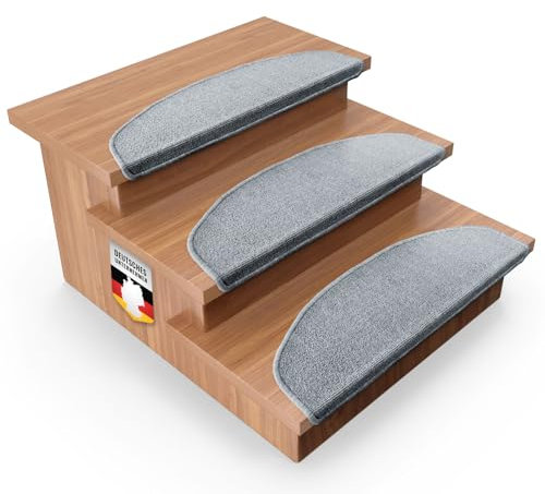 Floordirekt 15x Treppenstufen Matten, Stufenmatten innen für Treppe, Treppenteppich, selbstklebend, Teppich für Treppenstufen, Treppenschutz, Stufenteppich (London, Hellgrau, 65x23 cm, Halbrund)