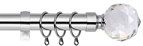 Crystal Ball Extendable Curtain Pole. Includes Pair Of Superior 60mm Size Finials, Rings, Brackets & Fittings Set. (Chrome, 70cm - 120cm, 28 inch to 48 Inch)
