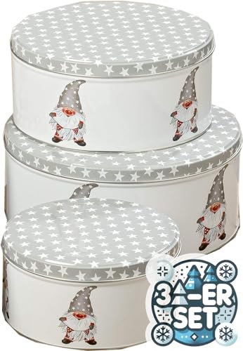 CasaJame 3er Set Metall Keksdose Plätzchendose rund Weihnachten Wichtel grau weiß mit grauem Sternchen Deckel Sortiert H6-9cm