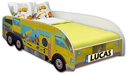 ACMA Kinderbett Autobett Lattenrost LKW Truck Schlafzimmer Kindermöbel Spielbett 140 x 70 cm 160 x 80 cm (140x70 cm ohne Matratze, 02 + Name)