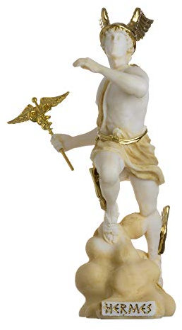 Hermes Merkur Gott Zeus Sohn Römische Statue Alabaster Gold Ton 17 cm