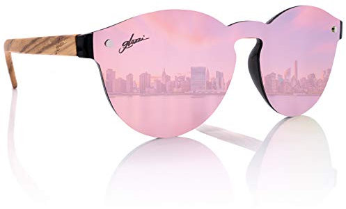 glozzi Sonnenbrille Damen Holz Verspiegelt Polarisiert und Entspiegelt UV400 Pink Rund mit Holzbügeln aus Ebenholz und Brillenetui aus Kork