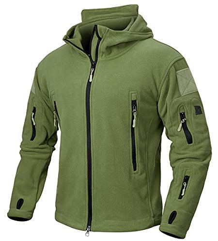 CARWORNIC Giacca tattica da uomo in pile caldo militare con cappuccio per sport all'aria aperta escursionismo cappotto con multitasche, Verde militare, L