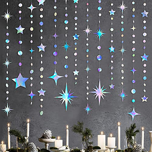 Schillernde Stern-Mond-Kreis-Punkt-Girlande-Party-Dekorations-Set Hängende Halbmond und Twinkle Little Star Streamer Banner für Kinder Erster Geburtstag Ramadan EID Mubarak deko (Iridescent Star)