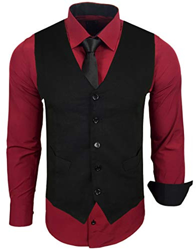 Baxboy Herren Hemd mit Weste Krawatte Anzugs Sakko Business Hochzeit Freizeit Hemden Frack Herrenweste Set wählbar B-44-HWKR