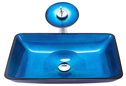 SXLSZ GEH?rtetes Glas Waschbecken, Rechteckig Aufsatzwaschbecken Glas Aufsatz Waschschale Blau Waschschale Waschtisch Set mit Ablaufwasser Set, Wasserfall Wasserhahn, Montagering, 570×370×110mm