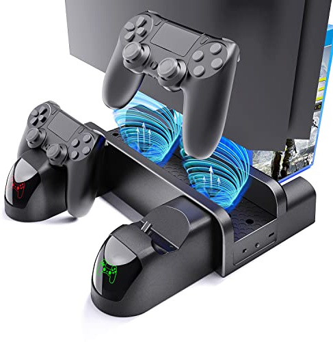 PS4 Stand-Kühlventilatorstation für Playstation 4/PS4 Slim/PS4 Pro, VGBUS PS4 vertikale Ladestation mit Dual-Controller, PS4 Standand mit USB-Anschluss und 12 Spielplätzen.