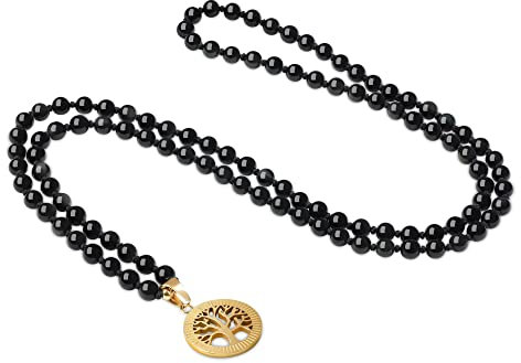 COAI Geschenkideen Unisex Verknotete 108 Mala Kette Meditationskette Gebetskette aus Regenbogen Obsidian mit Lebensbaum Charm