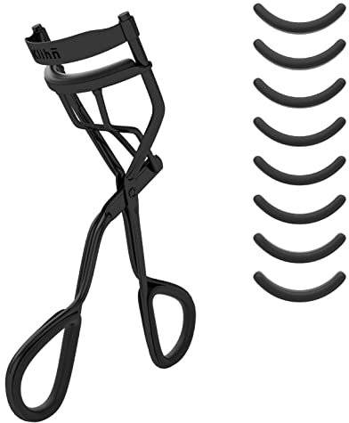 KLIHN - Exklusive Wimpernzange, Eyelash Curler inkl. 8 extra Ersatz-Siikon-Pads - Das Make-Up Tool für perfekt geschwungene Wimpern aus hochwertigem Carbonstahl (Schwarz)