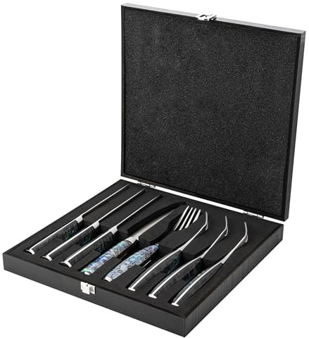 Katana Saya Pearl 8 Piece Steak Knife and Fork Set, 4X Steak Knives and 4X Forks, Kitchen Knife Set, Japanese VG-10 Damascus Stainless Steel, Acrylic Handle with Abalone Pattern