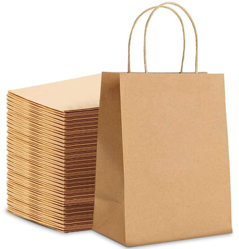 HURUC 50 Pcs Brown Paper Bags With Handles,130GSM, Small Paper Gift Bags, Eco-Friendly Kraft Shopping, Christmas, Easter, Birthday Parties & Merchandise Retail 18x24x8cm