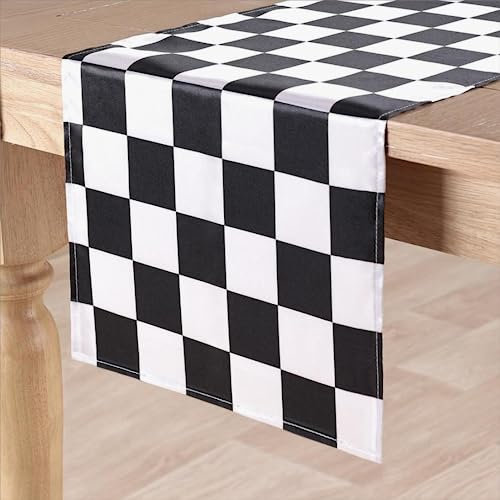 MLMW 2 Stück Halloween Büffel Kariert Tischläufer 30,5 x 183,9 cm schwarz und weiß kariert Satin Tischläufer für drinnen und draußen, Rennparty, Dekoration, Heimdekoration