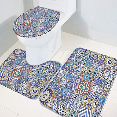 Set 3 Teilig Badvorleger Marokkanische Fliesen Arabesque Blue Pattern Anti-Rutsch Bade-Matte+Kontur+Wc-Deckelabdeckung Weiche Kontur Badteppich Für Wohnzimmer Wc-Sitz Bezug Badezimmer