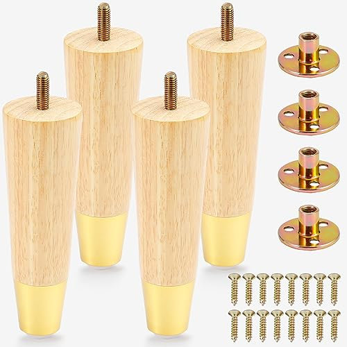 Stahala Wood Furniture Legs 6 Inch with Gold Cap, Sofa Replacement Wooden Leg Set of 4, Cabinet Legs, Dresser Legs, Couch Legs, Recliner Legs, da