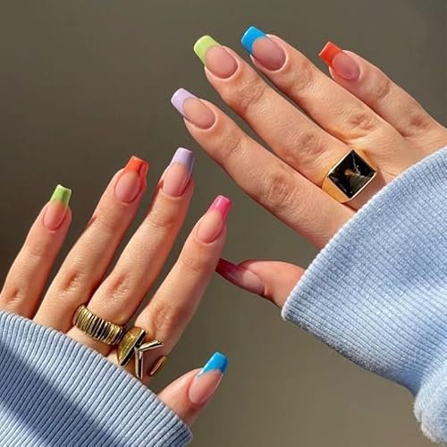 VEBONNY Vebonny FN-ST120 Lot de 24 faux ongles en forme de ballerine, pointe française, cinq couleurs arc-en-ciel, rouge, bleu, violet, vert, orange