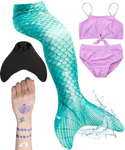 Meerjungfrauenflosse für Mädchen, Kinder, Jugendliche Schwimmfosse mit Bikini und Tattoos | türkis lila