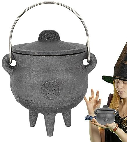 SKUDA Calderone di Halloween,Calderone in ghisa con Coperchio e Manico | Decorazione di Halloween per calderone per Forniture per Feste Dolcetto o Scherzetto, centrotavola per Tavolo