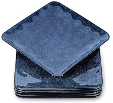 vicrays Juego de 6 platos cuadrados de cerámica, platos llanos de porcelana de 8 pulgadas para ensalada, postre, aperitivos, pan, aptos para microondas y lavavajillas, color azul