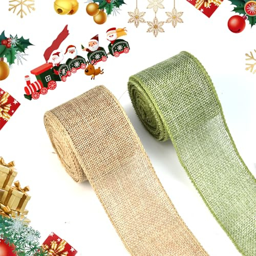 KITERI 2 Roll Burlap Fabric Craft Ribbon, 2 inch Wired Burlap Ribbons Natural Jute Fabric Craft Ribbons Hessian Ribbon Christmas Wrapping Ribbones for Xmas Wedding Gifts