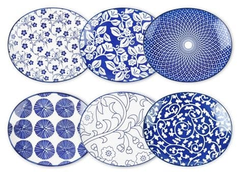 Selamica Small Dinner Plates, Oval Dessert Plates Ceramic, 6 Inch Small Plates for Appetizer, Cake, Snacks, Microwave Dishwasher Safe, Set of 6, Vintage Blue