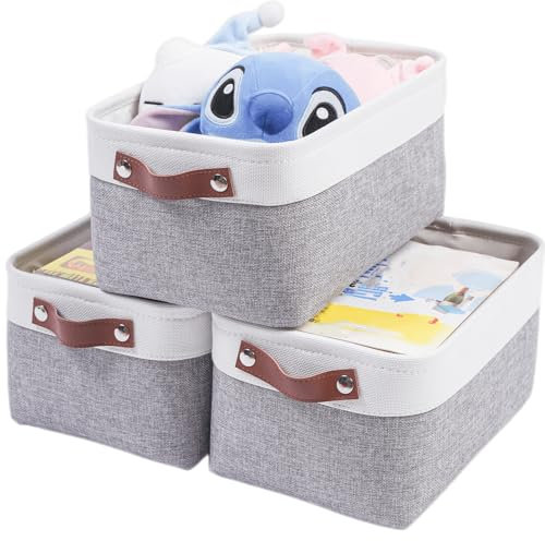 Mangata 3 Stück Aufbewahrungskorb Stoff, Aufbewahrungsbox Schrank, Korb Aufbewahrung Stoff mit Leder-Tragegriffl für Spielzeug, Kleiderschrank, Regale, Kleidung(M, Grau Weiß)