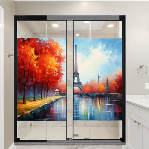 Abstrakter Eisenturm-Fenster-Sichtschutzfolie, Stadtbild, bunt, Stadtbild, zeitgenössisch, Buntglas-Fensterabdeckungen, kein Kleber, statische Haftung, Fensterfolie für Zuhause, Büro, Geschäfte, 45 x