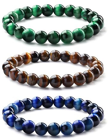 Milacolato 3-5PCS Armbänder für Herren 8MM Tigerauge Armband Herren Schwarzen Perlenarmband Herren Elastische Lavastein Armband Herren Perlen Vatertag Armband für Männer Schmuck Geschenke