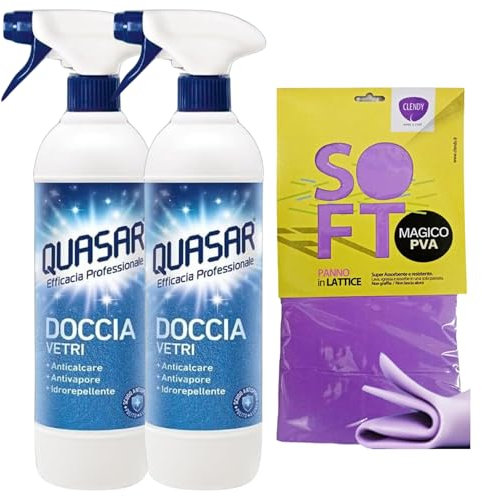 SET PULIZIA:Detergente Spray DOCCIA VETRI. Anticalcare, Antipolvere, Idrorepellente. Scudo Antisporco, Pulito Più a Lungo, 580ml + OMAGGIO 1 Panno in Lattice 30x30 (2 Spray + 1 Panno Lattice)