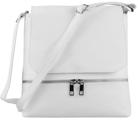 OBC Made in Italy Damen Leder Tasche Messenger Crossbody Handtasche Schultertasche Crossover Umhängetasche Shopper Damentasche Überschlagtasche Tablettasche bis ca. 7-9 Zoll Weiß