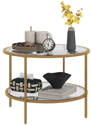 HOMCOM Beistelltisch Rund Couchtisch mit Ablage, Stahlrahmen, Kaffeetisch, Nachttisch für Wohnzimmer, Schlafzimmer, Gold, Ø60 x 43 cm