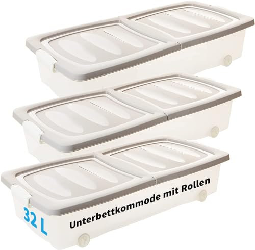 LIVINJA Cassettiera sotto il letto con ruote, 3 pezzi, contenitore sotto il letto, 80 x 40 x 17 cm (32 litri), coperchio diviso, con chiusure a clip, trasparente/sabbia, made in EU