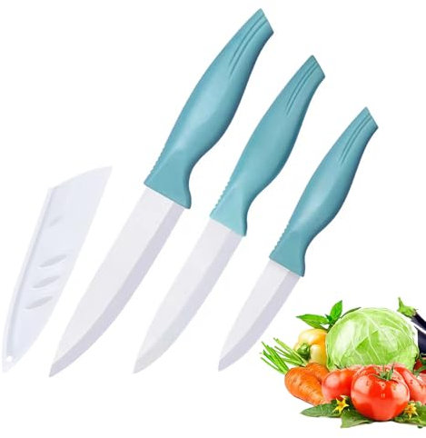 Blue Ceramic Knife Set 3-Pieces, 5-Inch, 4-Inch, 3-Inch Fruit Knife Set,Suitable for Beef Chicken Vegetable Fruit Butter and Bread (Blue)